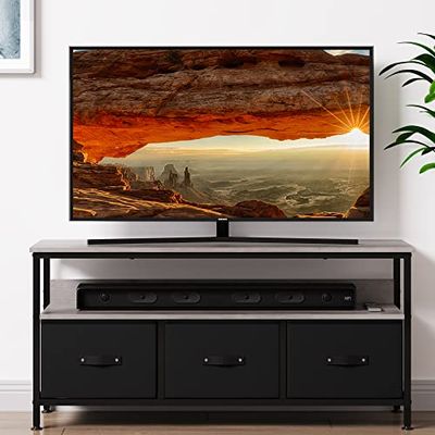 Zstar Supporto per TV, tavolo multimediale con 3 cassetti in tessuto e ripiani aperti per TV da 55 pollici, piedini regolabili, struttura in metallo per soggiorno, corridoio, camera da letto, grigio