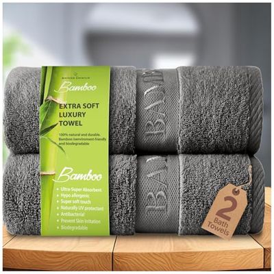 GC GAVENO CAVAILIA Large Bath Towel Bamboo Towels 2 Pack (70x120cm) - Highly Absorbent Quick Dry Towels (40% Cotton, 60% Bamboo) - Washable Bathroom Towel Charcoal - 500 GSM