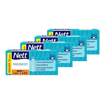 Nett | Tampons ProComfort Super Sans Applicateur (lot de 4 boîtes de 32 pièces) – Tampons avec voile effet soyeux et technologie Stay Dry – Tampons avec ouverture en corolle et rainures incurvées