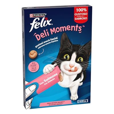 Purina Felix DeliMoments, Snack líquido, Premio para Gato con Salmón, 11 Paquetes de 4 Sobres de 10g
