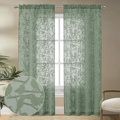 OVZME Anji Lot de 2 Rideaux Transparents texturés Vert Sauge de 213,4 cm de Long pour Salon, Chambre à Coucher, Voilage Jacquard élégant avec Passe-Tringle pour Salon, Chambre à Coucher, 96,5 x 213,4
