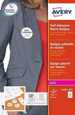 Avery L4781-20 Round, Circular Printable Name Badges – Customisable Fabric Labels, 12 per Sheet, 240 Badges, White