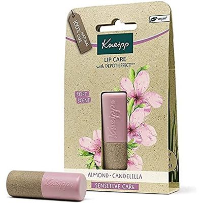 Kneipp, Bálsamo Labial Sensitive Care, Reparador, Protector e Hidratante de Labios con Efecto Prolongado, 100% Natural, con Aceite de Almendras y Cera de Candelilla, Aroma a Almendra