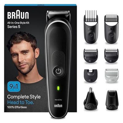 BraunREGOLABARBA STYLING KIT, Tagliacapelli Uomo, Rasoio Elettrico Barba e Capelli, 9-In-1 per Barba, Capelli, Naso e Orecchie, 100 Minuti Di Utilizzo, MGK5410 Nero