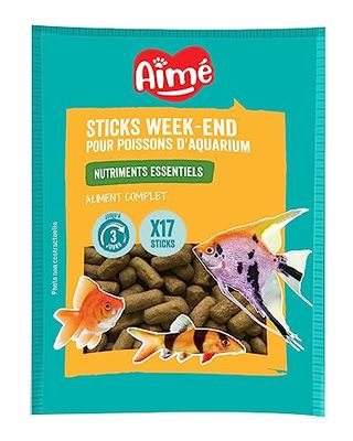 Aimé Sticks Weekendvissen Aquarium | voer voor aquariumvissen | volledig voer | rijk aan essentiële voedingsstoffen, vitaminen en sporenelementen | 20 g | 17 sticks