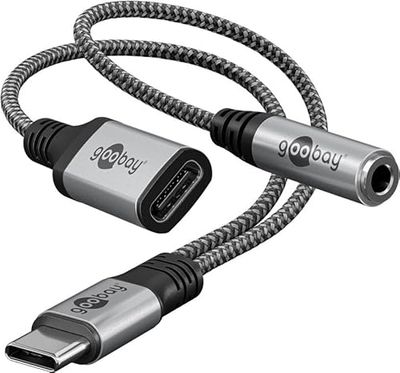 goobay - Cuffie da jack USB C a 3,5 mm e adattatore USB C 2 in 1, ricarica rapida da tipo C a jack audio AUX, guaina in tessuto / 74524