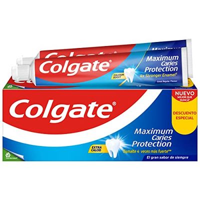 Colgate Maximum Caries Protection Pasta de Dientes con Flúor,2 Uds x 75ml, Dentífrico contra las Caries, Fórmula de Calcio que Penetra entre los Dientes, Refresca el Aliento, Sabor Agradable a Menta