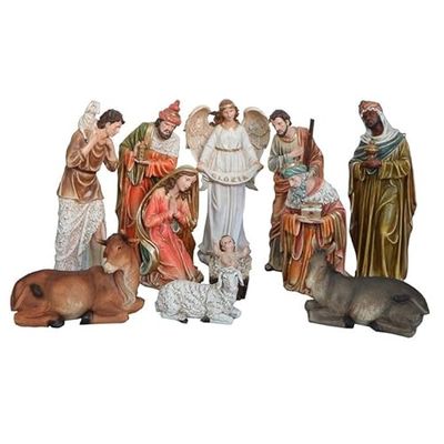 DRW Misterio Nacimiento de 11 Piezas Clasico con Reyes, Angel, Pastor y Animales de Resina Pintado a Mano 57 cm Alto