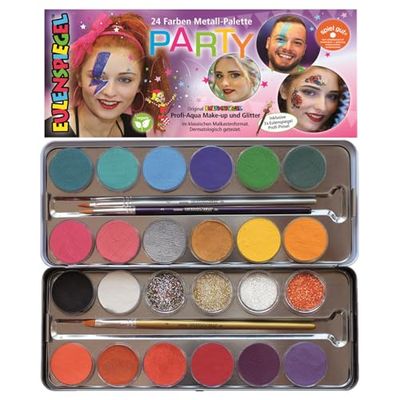 Eulenspiegel 224212 - Make-up palet Party, 24 kleuren, 3 penselen, make-up set veganistisch, kinder make-up, carnaval [Exclusief bij Amazon].