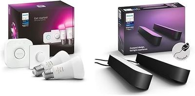 Philips Hue White & Color Ambiance Starter Kit 2 Lampadine Smart, Attacco E27, 9W, Hue Bridge e Telecomando Smart Button inclusi White and Color Ambiance Lampada da Tavolo LED Smart Play