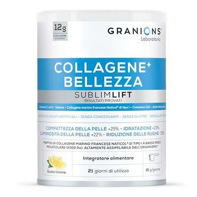 Collagene Marino con Acido Ialuronico SUBLIMLIFT GRANIONS | 12g Collagene in Polvere e Acido Ialuronico | Vitamina C + Coenzima Q10 + Selenio - Integratore Polvere Capelli e Pelle - 315g Gusto Limone