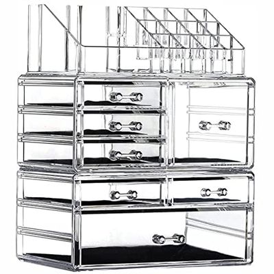 Cq acrylic Paquete de 3 organizadores de maquillaje transparentes para encimera, organizador apilable de 7 cajones para el cuidado de la piel, bonito organizador para el cuidado de la piel para