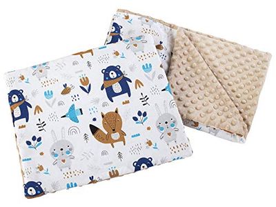 Medi Partners Babyfilt med kudde, 100% bomull, minky barnfilt 55 x 75 + 35 x 30 cm, multifunktionell för barnvagnar, babystol, vagga (djur i skogen med beige Minky)