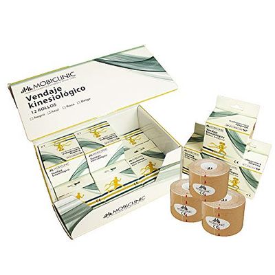 Mobiclinic®, Pack 12 rouleaux bande kinesiologie, Neuro-musculaire adhésive, De 5m x 5cm, Sport tape, Soulagement des douleurs musculaires, Kinesiotape, Face (Beige)