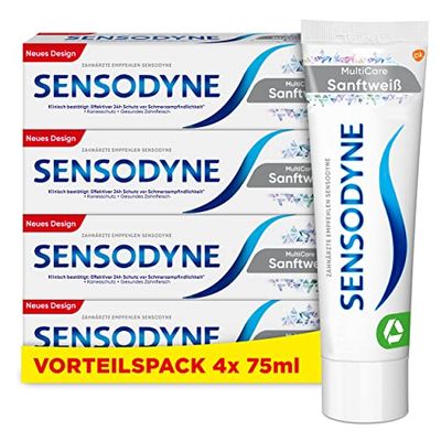 Sensodyne MultiCare Dentifricio bianco delicato, 4 x 75 ml, dentifricio quotidiano con fluoro, per denti sensibili al dolore