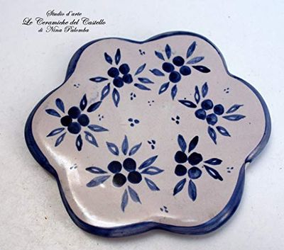 Sottocaffettiera Sottopentola Linea Fiori Blu Realizzato e dipinto a mano Le Ceramiche del Castello Made in Italy Pezzo Unico dimensioni 12,5 x 12,5 centimetri