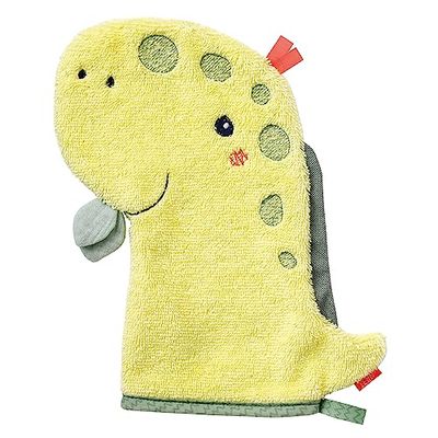 Fehn 051230 Dino, Manopla de baño con diseño de animales para divertirse en el baño, para bebés y niños a partir de 0 meses