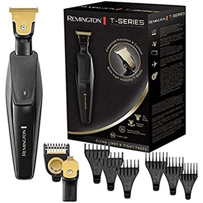 Remington trymer do brody, grzebień z pokrętłem 1.5-5mm, nakładka foliowa, 6 grzebieni do włosów i brody 1.5-15mm, ostrze w kształcie litery T 38 mm premium, bezprzewodowy, czarny, T-Series MB7000