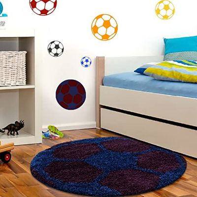 Muratap Alfombra para habitación Infantil, diseño de fútbol, para habitación de los niños, decoración Deportiva, tamaño: 120 cm, Redonda, Color: Azul/Violeta