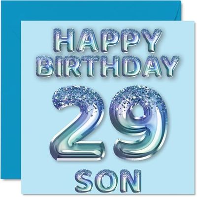 29th Birthday Card for Son - Blue Glitter Party Balloons - Happy Birthday Cards for 29 Year Old Son from Mum Dad Parents, 145mm Bday Greeting Cards Gift