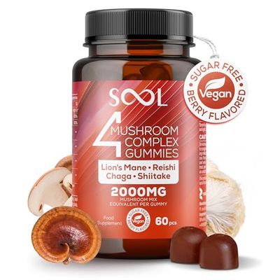 SOOL Gomitas de Complejo de 4 Hongos Sabor a Frutos Rojos 2000mg, 60 unidades: Chaga, Reishi, Shiitake y Melena de Leon (Lions Mane) | Nootropicos de Alta Potencia | Suplemento para Memoria I Vegano