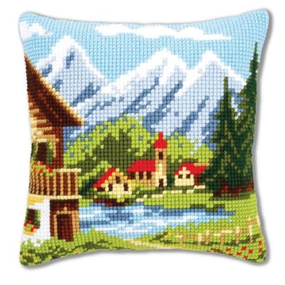 Vervaco Ponto Cruz Kit almofada decorativa aldeia montantanosa artesanato adultos decoração bordar kit iniciantes completo DIY bordado criativo presente ca. 40 x 40 cm Cross Stitch Embroidery