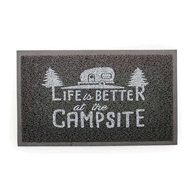 Camco Life is Better at the Campsite Scrub Mat - 26.5" by 15" - Non-Slip Backing - Gray/White - 53200
