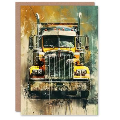 Artery8 Greeting Card Yellow Long Haul Truck Front Modern Painting For Him Man Birthday Card