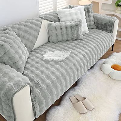 XSlive Soft Warm Faux Fur Couch Sofa Cover Thick Shaggy Fuzzy Sectional Couch Cover Non-Slip Solid Color Plush Sofa Slipcover Furniture Protector for Kids, Pets (Light Grey,28"x35")