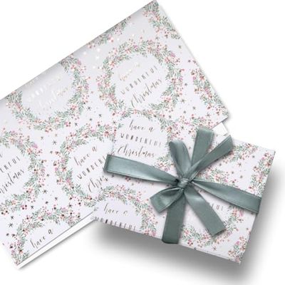 Glick Luxury Christmas Folded Wrap (3 Sheets) Wonderful Wreath Christmas Wrapping Paper, White