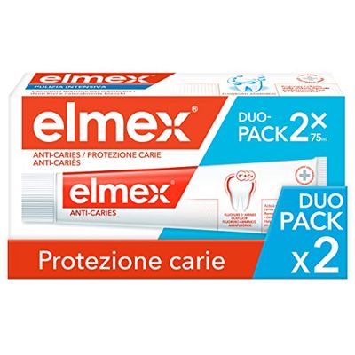 elmex Dentifricio Protezione Carie, Reminiralizza e Protegge Efficacemente i Denti dalla Carie, Dentifricio Anticarie con Fluoruro Amminico, 2 x 75 ml