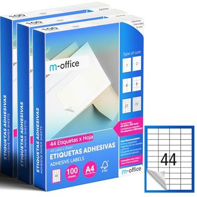 M-office Étiquettes Autocollantes - Imprimables, Blanches, Multiples, Scolaires, pour Bocaux et Cahiers, Autocollants Utiles au Quotidien (44 étiquettes par feuille, 300 feuilles)