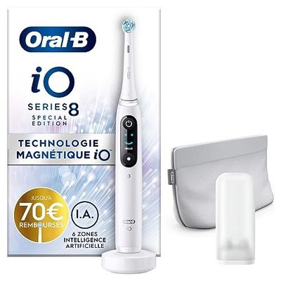 Oral-B iO-8- Brosse À Dents Électrique Rechargeable Édition Spéciale,1 Manche Haut De Gamme Blanc Avec Technologie Magnétique Révolutionnaire, 1 Brossette, 1 Pochette Magnétique