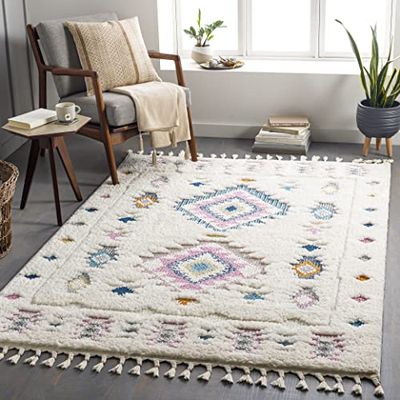 Surya Suva geometrisk matta – Scandi-mattor vardagsrum, matsal, mjuka mattor för sovrum – aztek boho-matta stil med plyschlugg för enkel skötsel – stor matta 160 x 213 cm, vit och krämfärgad matta