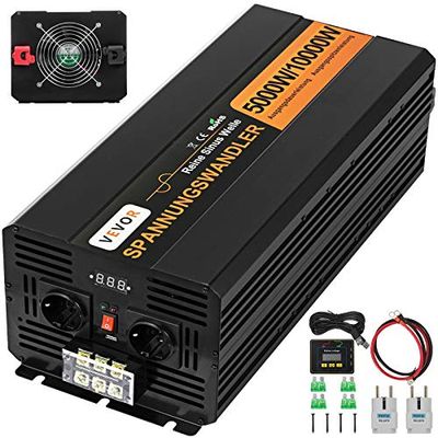 VEVOR Onduleur à onde sinusoïdale pure, 5000 W 10000 W, convertisseur de tension DC 24 V à 230 V AC écran LCD USB ventilateur de refroidissement à grande vitesse en aluminium avec télécommande filaire