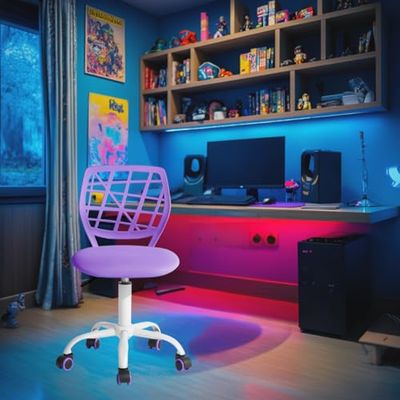 FurnitureR Compact Gaming Chair, Hollow PP Backrest, Verstelbare Hoogte, Ergonomische Swivel Sponge Seat, 5-Wheel Iron Base, voor Teens & Kids Drawing, Gaming, Klaslokaal, Paars, 38,5 x 40 x 87 cm