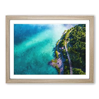 Lake View In Switzerland Painting Modern Art Framed Wall Art Print, Ready to Hang Picture for Living Room Bedroom Home Office Décor, Oak A2 (64 x 46 cm)