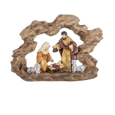 DRW Klassiek mysterium 1 stuk met kind in kinderbed van hars, handbeschilderd, met houten portaal, 20 x 14 cm