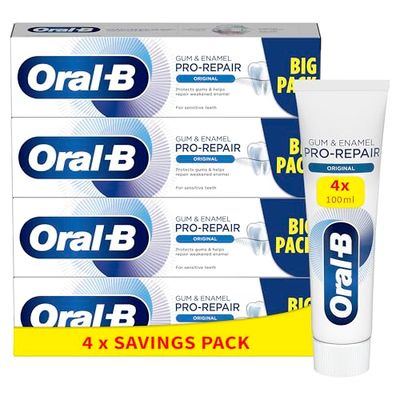 Oral-B Dentifrice Gencives & Émail Pro-Repair Original, Aider à Revitaliser les Gencives, Répare l'Email, Protège les Dents de l'Érosion, pour Dents Sensibles, Carton Recyclé, Lot de 4 x 100 ml