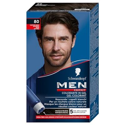 Schwarzkopf - Men Perfect - Gel Colorant Anti-Cheveux Blancs Homme - Coloration Cheveux Homme - Résultat Naturel – Application rapide et facile - Sans Ammoniaque - Brun Naturel 80