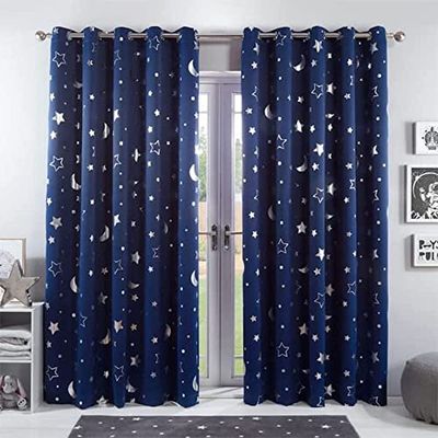 Dreamscene Navy Black Out Curtains Eyelet, Bedroom Curtains Insulated Thermal Blackout Curtains Living Room Galaxy Moon and Star, Navy Blue Curtains 66”x54”