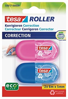 Tesa Minicorrettori Roller Ecologo - Confezione da 2 Cancelline a Nastro Blu e Rosa Ergonomiche - Dimensioni Nastro: 6 m x 5 mm