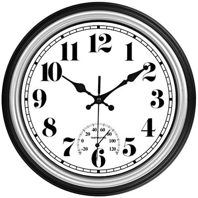 JENLYSTIME Reloj de Pared Retro Impermeable de 12 Pulgadas para Interiores y Exteriores, con termómetro, silencioso, Redondo, de Cuarzo, Funciona con Pilas, fácil de Leer, Decorativo para Cocina,