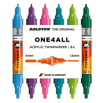 Molotow One4All Acrylic Lot de 6 marqueurs Twin Basic 2 (épaisseur de trait 1,5 mm et 4,0 mm, haute couverture et permanente, résistant aux UV, pour presque toutes les surfaces)