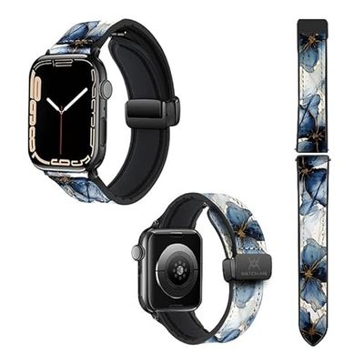 Pulsera Reloj para Apple IWatch 18 mm (38/40/41/42/44/45 mm) de Silicona y Cuero auténtico: Petales Bleues