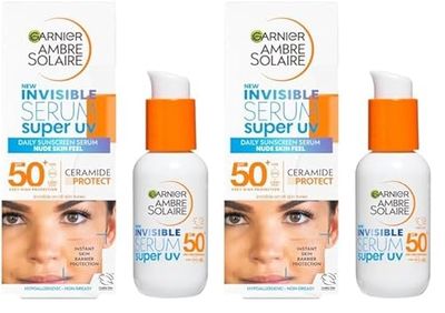 Garnier Ambre Solaire SPF 50+ Super UV Invisible Serum Moisturiser for Face, High Protection Against UVA & UVB, Sun Cream for all Skin Types, With Hyaluronic Acid, Vitamin E & Ceramides, Vegan, 30ml