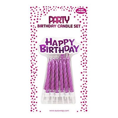 Eurowrap 26568-PC – een set met 12 verjaardagskaarsen + 12 kaarsenhouders + een houder "Happy Birthday" – kleur: roze – verjaardagskaarsen, Happy Birthday