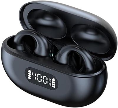 STFMHEZ Cuffie open ear, clip per orecchie con suono osseo, Bluetooth 5.3 con cancella del rumore, 28 ore, doppio display LED, IPX7, impermeabili per jogging, corsa, ciclismo, palestra (nero)