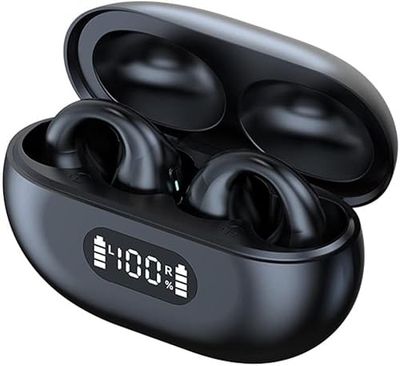STFMHEZ Cuffie open ear, clip per orecchie con suono osseo, Bluetooth 5.3 con cancella del rumore, 28 ore, doppio display LED, IPX7, impermeabili per jogging, corsa, ciclismo, palestra (nero)