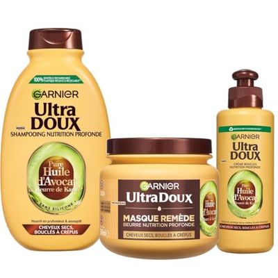 Garnier Ultra Doux - Routine pour Raviver les Boucles des Cheveux Secs, Bouclés à Crépus - À l'Huile d'Avocat et Beurre de Karité - Shampooing, Après-Shampooing et Masque - Homme & Femme